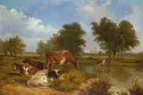 Thomas Sidney Cooper, RIVER LANDSCAPE WITH COWS AND VIEW ON CANTERBURY CATHEDRAL, Oil on canvas (relined)