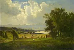 Fritz Halberg-Krauss, BAVARIAN SUMMER LANDSCAPE WITH HUNTSMEN, Oil on panel