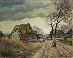 Eugen Kampf, MOTHER WITH DAUGHTER ON A VILLAGE ROAD, Oil on canvas
