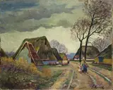 Eugen Kampf, MOTHER WITH DAUGHTER ON A VILLAGE ROAD, Oil on canvas