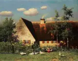 PLAYING CHILDREN WITH GEESE IN FRONT OF A FARMHOUSE by Paul Wilhelm Keller-Reutlingen, Oil on canvas (relined), sold Mar 2010