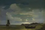 Vilhelm Melbye, MOONLIT COASTAL LANDSCAPE WITH BOATS, Oil on canvas