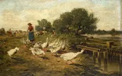 GIRL FEEDING GEESE by Antonio Montemezzo, Oil on panel, sold Mar 2010