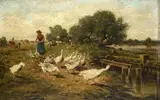Antonio Montemezzo, GIRL FEEDING GEESE, Oil on panel