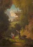 Willy Moralt, FOREST TRAIL WITH MONK AND CHILDREN, Oil on panel