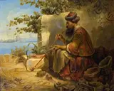 Joseph Petzl, PIPE SMOKING OSMAN, IN THE BACKGROUND THE GOLDEN HORN, Oil on metal
