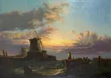 attributed to James Webb, COASTAL LANDSCAPE WITH MILLS AND FISHERBOATS, Oil on canvas (relined)