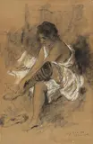 Lovis Corinth, Woman pulling on Stockings (After the Bath), Charcoal and white crayon on sturdy brownish paper