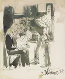 Figural Scene(Young Woman with Child); verso Seated Cat at a Window before the Wood Sculpture Double-Portait Ernst Ludwig Kirchner and Erna by Ernst Ludwig Kirchner, Pen and ink drawing with lavis (resp. verso crayon drawing) ca, sold Dec 2009
