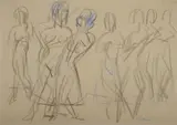 Dancers of the Mary Wigman School by Ernst Ludwig Kirchner, Charcoal and blue crayon on light brown sketchbook paper with margin perforation, sold Dec 2009