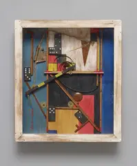 Edmund Kesting, Assemblage 24, Material collage (wood and metal pieces, some of which colored, twisted rope and domino pieces) on painted thin plywood in original glazed white frame case