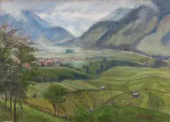 Otto Modersohn, Blick auf Hindelang (Wiesen) [View of Hindelang: Meadows], Signed O Modersohn (possibly supplemented) in red in lower right, on the back of the chassis at upper left titled in pencil "Blick auf Hindelang/ Wiesen" by Mat