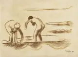 Max Pechstein, Two bathing Female Nudes, Crayon drawing in brown on handmade Japanese laid paper
