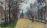 Lesser Ury, Unter den Linden with a View of the Equistrian Sculpture of Friedrichs II., Oil on canvas