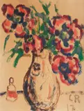 Flower Still-Life (Red Poppies in tall Vase) by Christian Rohlfs, Water tempera and opaque color on sturdy, lightly textured watercolor paper, sold Dec 2009