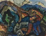 Eberhard Viegener, Family in a Landscape, Watercolor and pen and ink over pencil preliminary drawing on sturdy watercolor paper