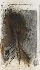 Rolf Iseli, Untitled (Thinker), Mixed media and earth, collaged with razor blades and paper, on lithograph on paper
