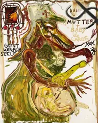 Jonathan Meese, Die Staatsbiologin "Darling" / The State Biologist "Darling", Mixed media with collaged photograph on canvas