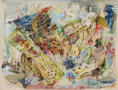 Bernard Schultze, Menschen-Strom-Früchte (people-flow-fruit), Gouache, watercolor, ink and glue with printed papers on smooth chamois colored paper on wood