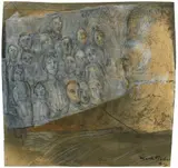 Mark Tobey, Untitled, Crayon, coloured pencil, graphite and ball-point pen, partly washed with ink, on two pieces of wrinked paper mounted together and with irregular margins ca