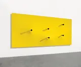 Takis, Ohne Titel (Yellow Telesculpture), Oil and black metal elements containing magnets each 18 cm long attached to nylon strings in front of a shaped canvas with verso magnets
