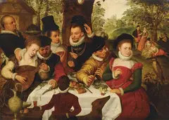 attributed to Frans Pourbus the Elder, MERRY COMPANY, Oil on panel (parquetted)