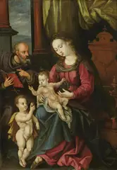 Netherlandish School, second half 16th century, HOLY FAMILY WITH THE INFANT JOHN THE BAPTIST, Oil on panel (parquetted)