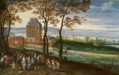 Jan Brueghel the Elder, MARIEMONT CASTLE WITH ARCHDUKE ALBRECHT AND ISABELLA, Oil on copper