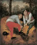 PEASENTS COLLECTING BRUSHWOOD by Pieter Brueghel the Younger, Oil on panel (parquetted), sold Nov 2009