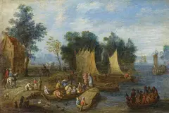attributed to Josef van Bredael, WOODED RIVER LANDSCAPE WITH BOATS AND A FERRY, Oil on copper