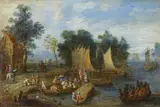 attributed to Josef van Bredael, WOODED RIVER LANDSCAPE WITH BOATS AND A FERRY, Oil on copper