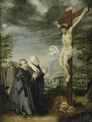 German School, circa 1630, CRUICIFXION WITH DONORS, Oil on panel