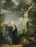 German School, circa 1630, CRUICIFXION WITH DONORS, Oil on panel