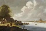 attributed to Cornelis Beelt, RVIER LANDSCAPE WITH LANDING STAGE, Oil on panel (parquetted)