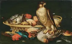 Nicolaes Cave, STILL LIFE WITH BIRDS AND A FALCON, Oil on panel (parquetted)