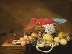 Guilliam Dandoy, FRUIT STILL LIFE WITH BREAD AND LOBSTER, Oil on panel (parquetted)