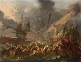 Johannes Lingelbach, SEA BATTLE BETWEEN CHRISTIANS AND OTTOMANS (LEPANTO?), Oil on canvas (relined)