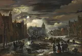 Aert van der Neer, FROZEN GRACHT IN THE MOONLIGHT