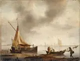 COAST LANDSCAPE WITH FISHERMEN AND BOATS by circle of Jan van de Cappelle, Oil on panel, sold Nov 2009