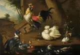 HENS AND DUCKS IN FRONT OF AN ARCHITECTURAL STAFFAGE by follower of Melchior de Hondecoeter, Oil on canvas, sold Nov 2009