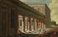 attributed to Jakob Ferdinand Saeys, ARCHITECTURAL CAPRICCIO WITH ELEGANT COUPLE, Oil on canvas mounted on plywood
