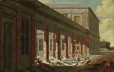 attributed to Jakob Ferdinand Saeys, ARCHITECTURAL CAPRICCIO WITH ELEGANT COUPLE, Oil on canvas mounted on plywood