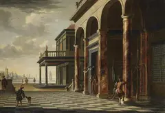 attributed to Jakob Ferdinand Saeys, ARCHITECTURAL CAPRICCIO WITH FIGURAL STAFFAGE, Oil on canvas (relined)