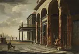 attributed to Jakob Ferdinand Saeys, ARCHITECTURAL CAPRICCIO WITH FIGURAL STAFFAGE, Oil on canvas (relined)