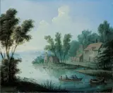 Jan Pieter van Bredael, RIVER LANDSCAPE WITH BOAT AND FARMSTEAD, Oil on copper