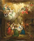 ADORATION OF THE SHEPHERDS by South German School 18th century, Oil on panel, sold Nov 2009