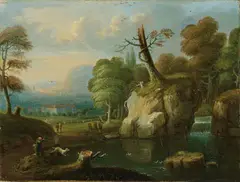 Dismar Degen, LANDSCAPE WITH HUNTSMEN LANDSCAPE WITH FISHERMEN AND SHEPHERDS, Oil on canvas (relined)
