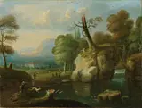 Dismar Degen, LANDSCAPE WITH HUNTSMEN LANDSCAPE WITH FISHERMEN AND SHEPHERDS, Oil on canvas (relined)