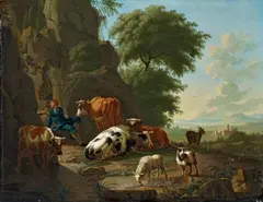 Jan van Gool, LANDSCAPE WITH SHEPHERD AND CATTLE, Oil on panel