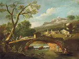 Antonio Diziani, LANDSCAPE WITH CREEK AND BRIDGE, Oil on canvas (relined)